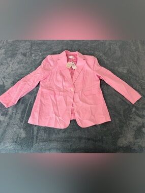 New MNG Mango Women's Pink 100% Linen Blazer Long Sleeve Lined Size 14 Office